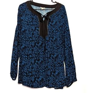 CATO Peasant Top Large Keyhole Embellished Neck Black Blue Floral Rayon L